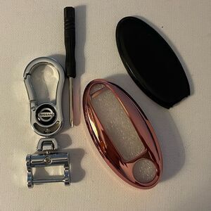 Nissan logo Key Fob Keychain in Silver and Fob Case Cover in Pink NWT